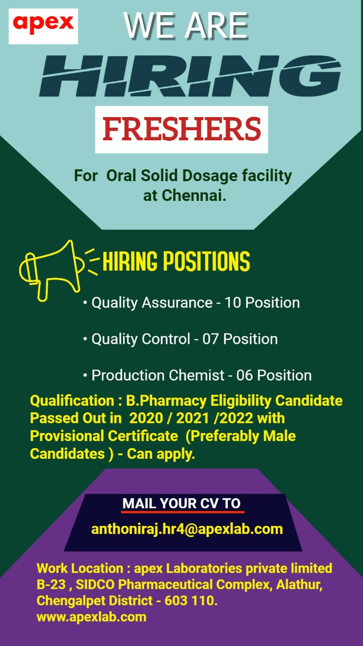 Job Availables, Apex Job Vacancy For Freshers In  Quality Assurance/ Quality Control/ Production Department