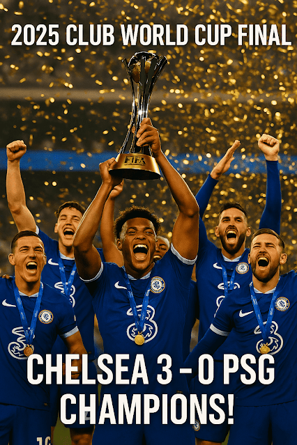 Chelsea players lift 2025 FIFA Club World Cup trophy after 3-0 win over PSG at MetLife Stadium.