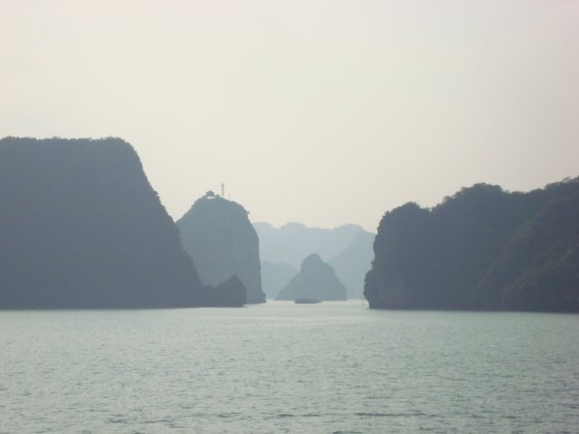 Pagoda over a small island in Halong Bay