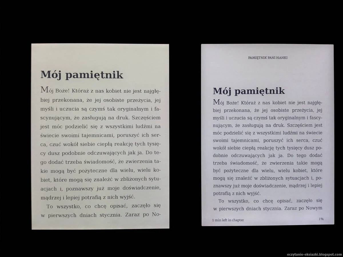 Czytniki Kindle Paperwhite i Onyx Boox Poke 3 z aplikacją Kindlę, włączone podświetlenia i otwarta ta sama książka