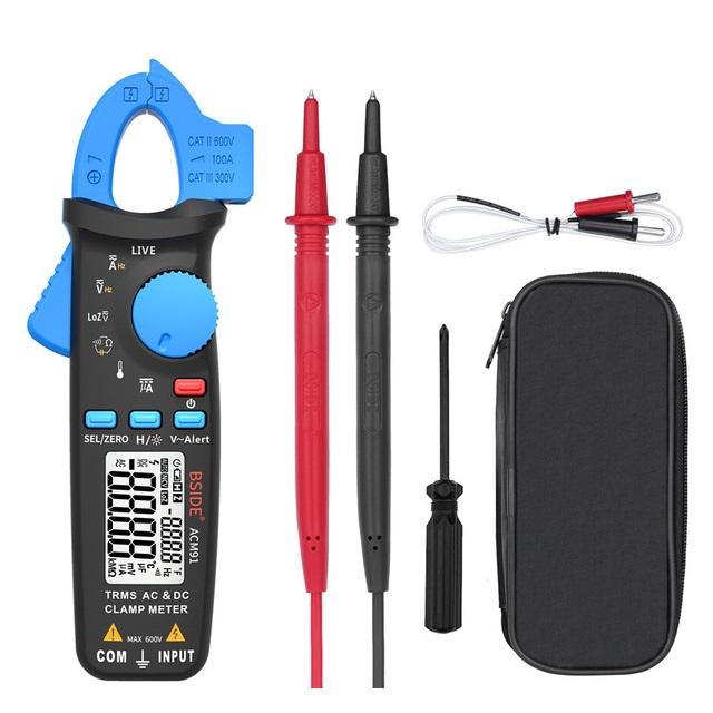 BSIDE ACM91 Digital AC / DC Current Clamp Meter Auto-Range Car Repair TRMS Multimeter Live Check NCV Frequency Capacitor Tester Blue 