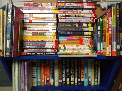 Two shelves of a book truck, each shelf laden with books. Some books are shelved upright, side by side, while other books are stacked on top of each other.