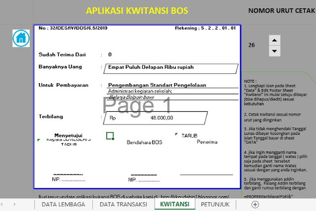 Download Aplikasi Cetak Kwitansi BOS V.2020 Otomatis Format Excel