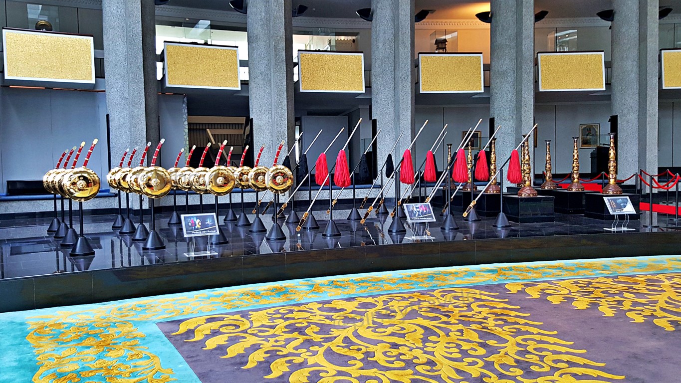 spears, shields of gold silver and other metals at Brunei Royal Regalia Museum