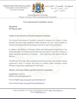Dowladda Federaalka Soomaaliya ayaa ku dhawaaqday sii deynta 348 qof oo ku xayiranaa dalka Ukraine iyo xuduudaheeda