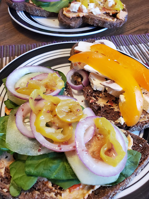 Open Veggie & Feta Sandwiches with Roasted Red Pepper Hummus