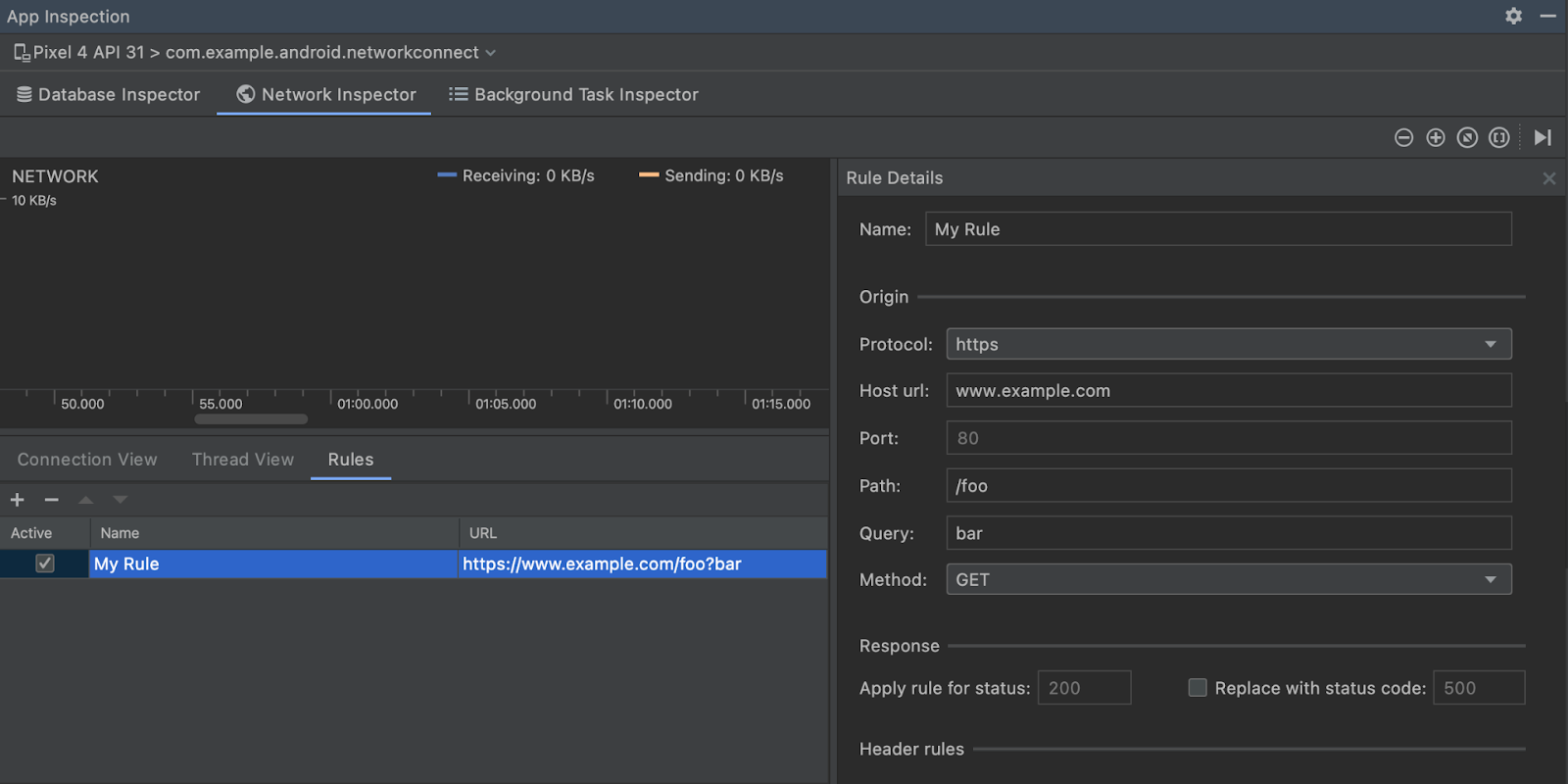 Imagen que muestra la intercepción de tráfico de Network Inspector