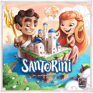 The cover art from the Santorini box.It shows a small island with buildings of the style of the Greek cities on Santorini being built by two cartoon representations of Greek Gods (specifically, Poseidon and Aphrodite). A few humans can be seen on the island, in the buildings, and on the nearby mainland. In the background, Hermes and Demeter are watching from a cloud.