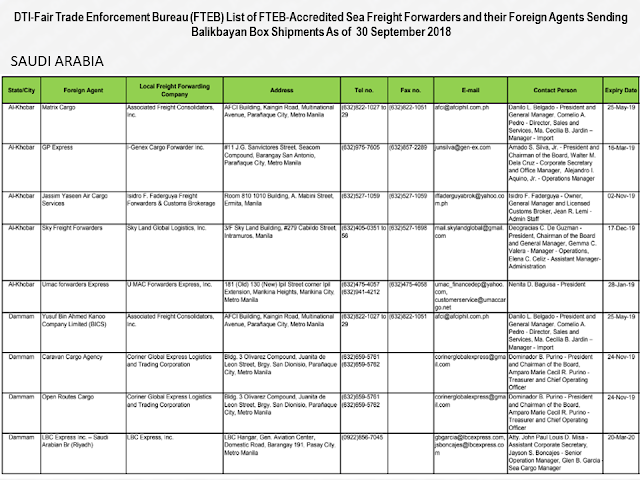 Every overseas Filipino worker (OFW) must be aware of the cargo company where they send their hard-earned balikbayan boxes. Make sure that you only entrust them to the cargo and freight forwarders accredited by the Department of Trade and Industry (DTI) to assure its safety.        Ads      Sponsored Links  There were reports of loss, pilferage, and damaged items due to mishandling. If your cargo company is not licensed and accredited by the DTI, chances are, your complaints will be for nothing and you will lose your packages forever especially if the sent your cargo to a fly-by-night courier service.  DTI has released the latest list of accredited cargo forwarders as of September 2018.                                                                                                                                                                                                                                                                                  Just check the list of the accredited cargo forwarders in your host country to make sure that the balikbayan box you diligently saved for months just to send them to your loved ones may surely reach its destination safely and should any problem arise, you can always reach the DTI to file complaints.    For complaints and queries, you can contact DTI at the following:   DEPARTMENT OF TRADE & INDUSTRY Trade & Industry Building 361 Senator Gil J. Puyat Avenue, Makati City Metro Manila, Philippines 1200  Trunkline: (+632) 7510-DTI (384) Office Hours: 8:00am-5:00pm, Monday to Friday (excluding holidays)  DTI Direct Hotline: (+632) 751.3330 Mobile: (+63) 917.834.3330 Email: ask@dti.gov.ph Filed under the category of overseas Filipino worker, OFW, balikbayan boxes, cargo and freight forwarders, Department of Trade and Industry , DTI accredited, 