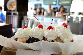 banana split served in a wooden trough