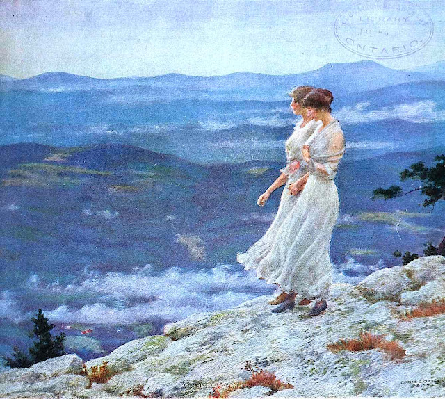 a 1919 illustration of two women standing on a rock cliff