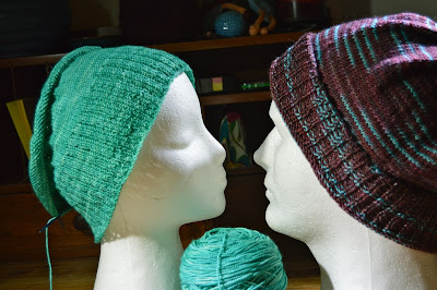 Mr. & Mrs. Creepy Head modeling hand knit hats and beanies for https://www.etsy.com/shop/JeannieGrayKnits