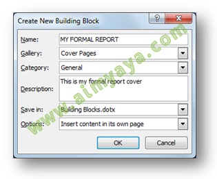 Gambar: Cara menambahkan properties cover page atau halaman sampul di Microsoft Word 2007 melalui dialog Create New Building Block