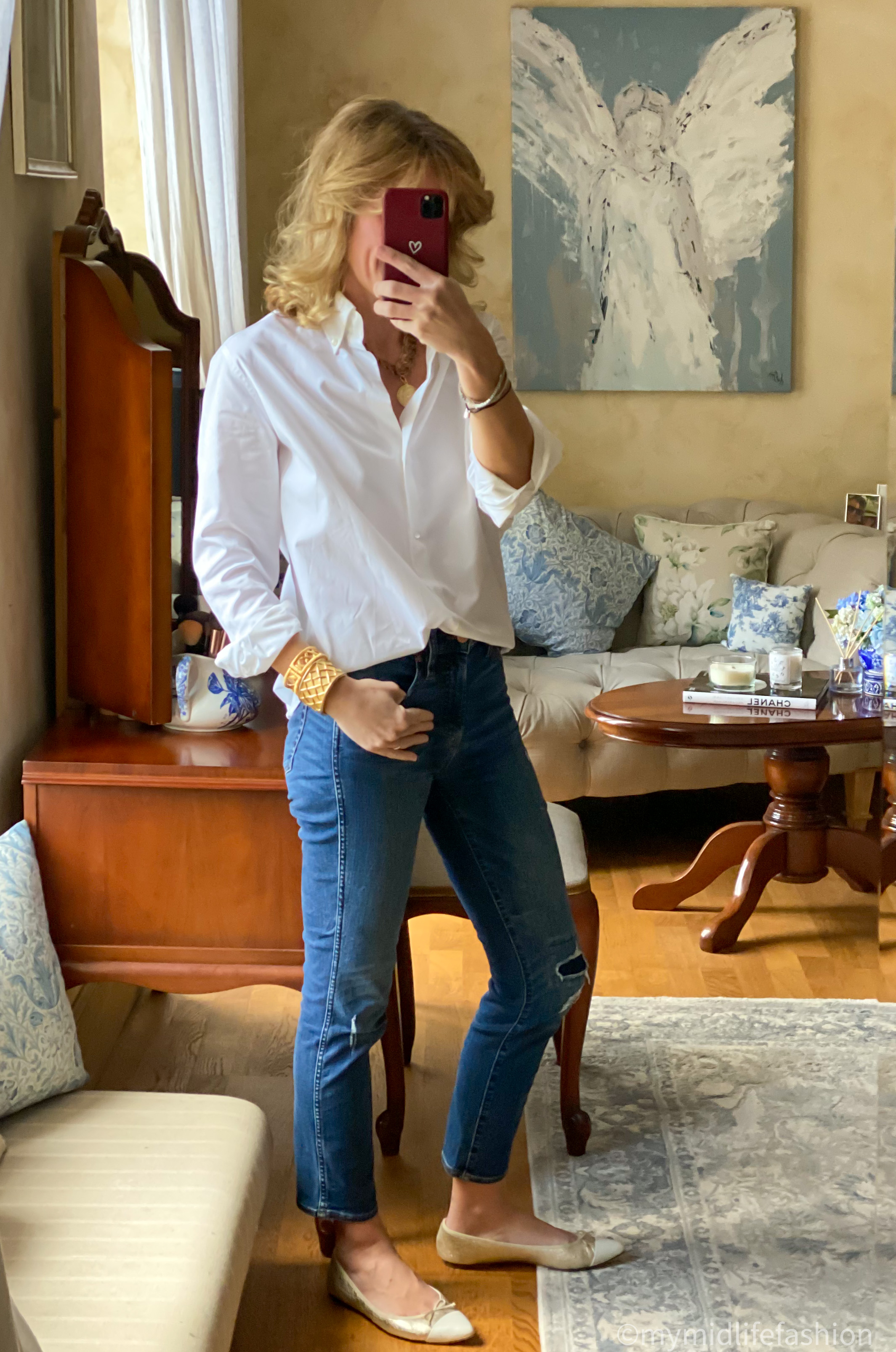 my midlife fashion, Vanessa Bruno oversized white shirt, vintage gold jewellery, j crew cropped jeans, j crew two tone ballet pumps