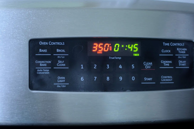 The oven is set to 350 degrees with a 45 minute timer.  