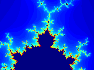 Zoom onto the top centre edge of the Mandelbrot set