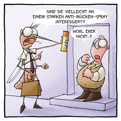 Vertreter verkaufen andrehen Verarschung Insektenspray Anti Mücken Spray  Cartoon Cartoons Witze witzig witzige lustige Bildwitze Bilderwitze Comic Zeichnungen lustig Karikatur Karikaturen Illustrationen Michael Mantel lachhaft Spaß Humor