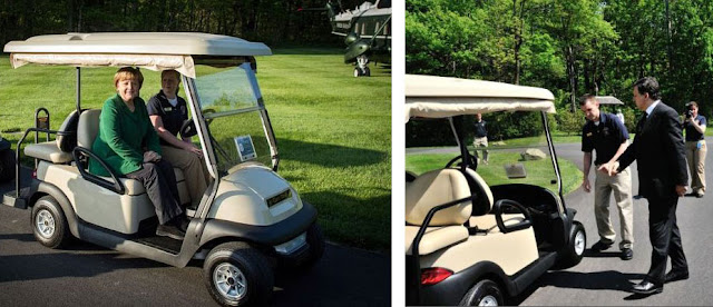 G8 leaders Angela Merkel and Barroso ride in golf carts at Camp David G8 Summit