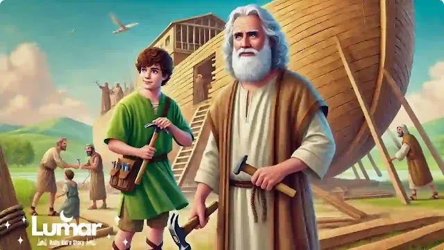 سيدنا نوح وابنه سام يبنيان السفينة الخشبية بأمر الله.