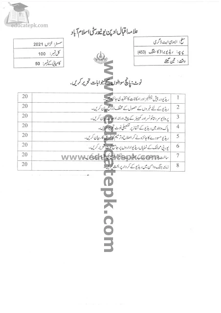 Aiou Past Papers BA 453 Spring 2021