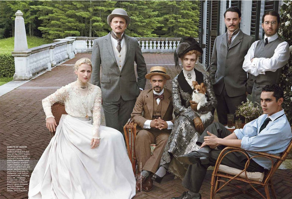 The Custom Of The Country by Annie Leibovitz — Natalia Vodianova with Juno Temple, Mamie Gummer, Elijah Wood, Jeffrey Eugenides, Jack Huston, Nate Lowman, Junot Diaz, Jonathan Safran Foer, Max Minghella & James Corden