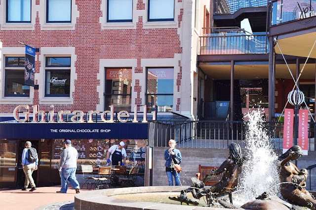 fountain, chocolate store and restaurant