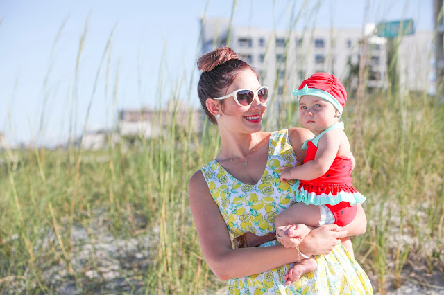 Amy West and daughter London at the beach in fruit inspired fashion
