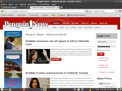 Tapa digital del diario electrónico de las Islas Malvinas, luego del discurso de Cristina Fernández.-