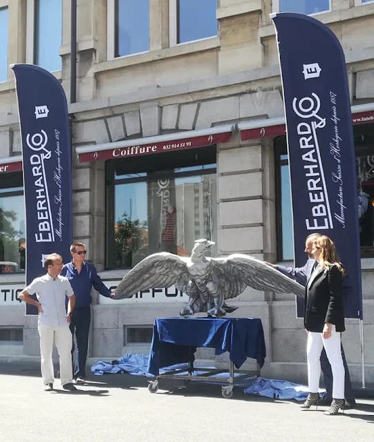 The restored eagle placed on top of the historic Eberhard building in La Chaux-de-Fonds