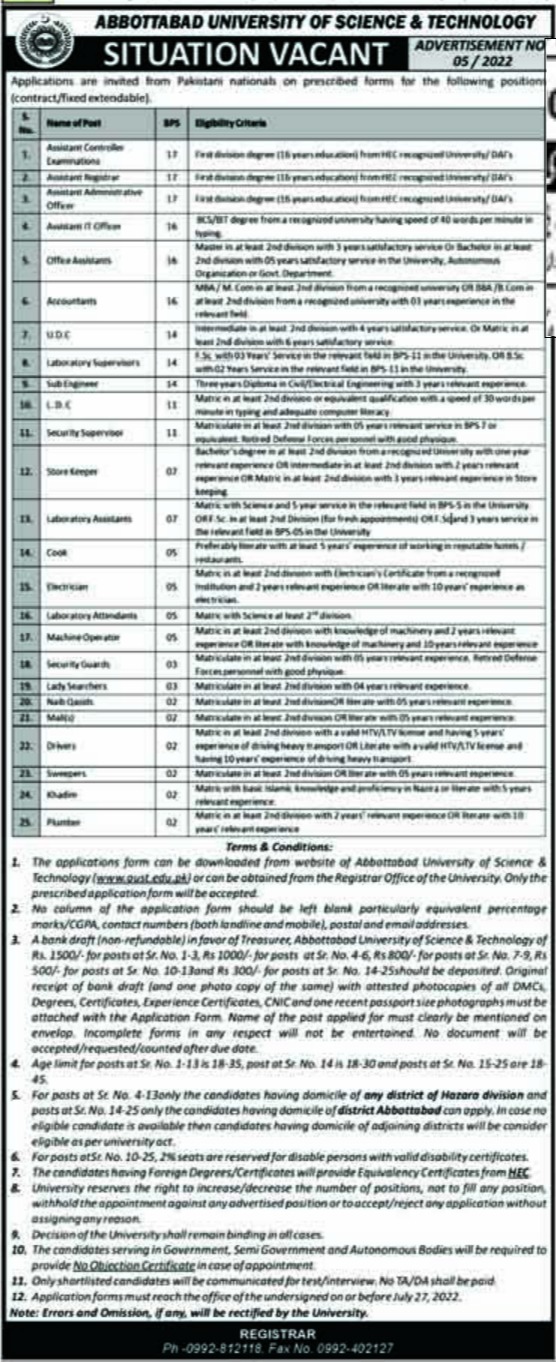 Latest Abbottabad University of Science and Technology Teaching Posts Abbottabad 2022