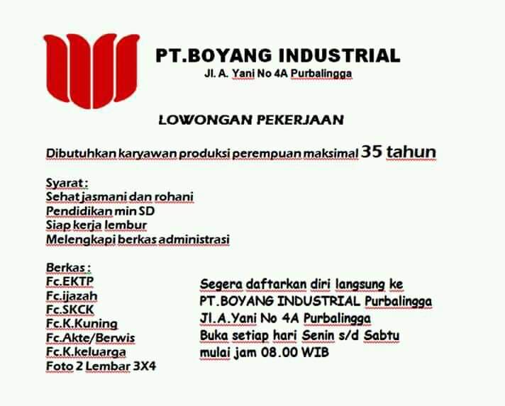 Lowongan Kerja Pt Boyang Industrial Purbalingga Info Loker Purbalingga