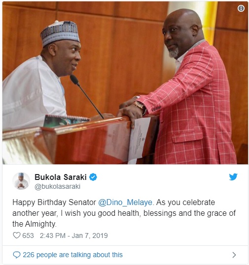 Saraki, Murray-Bruce greet Melaye on his birthday