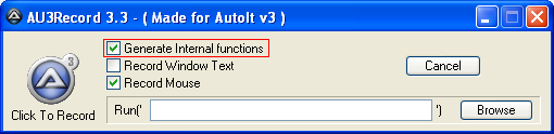 AutoIt Recorder SciTE Menu Screen - Generate Internal functions Option
