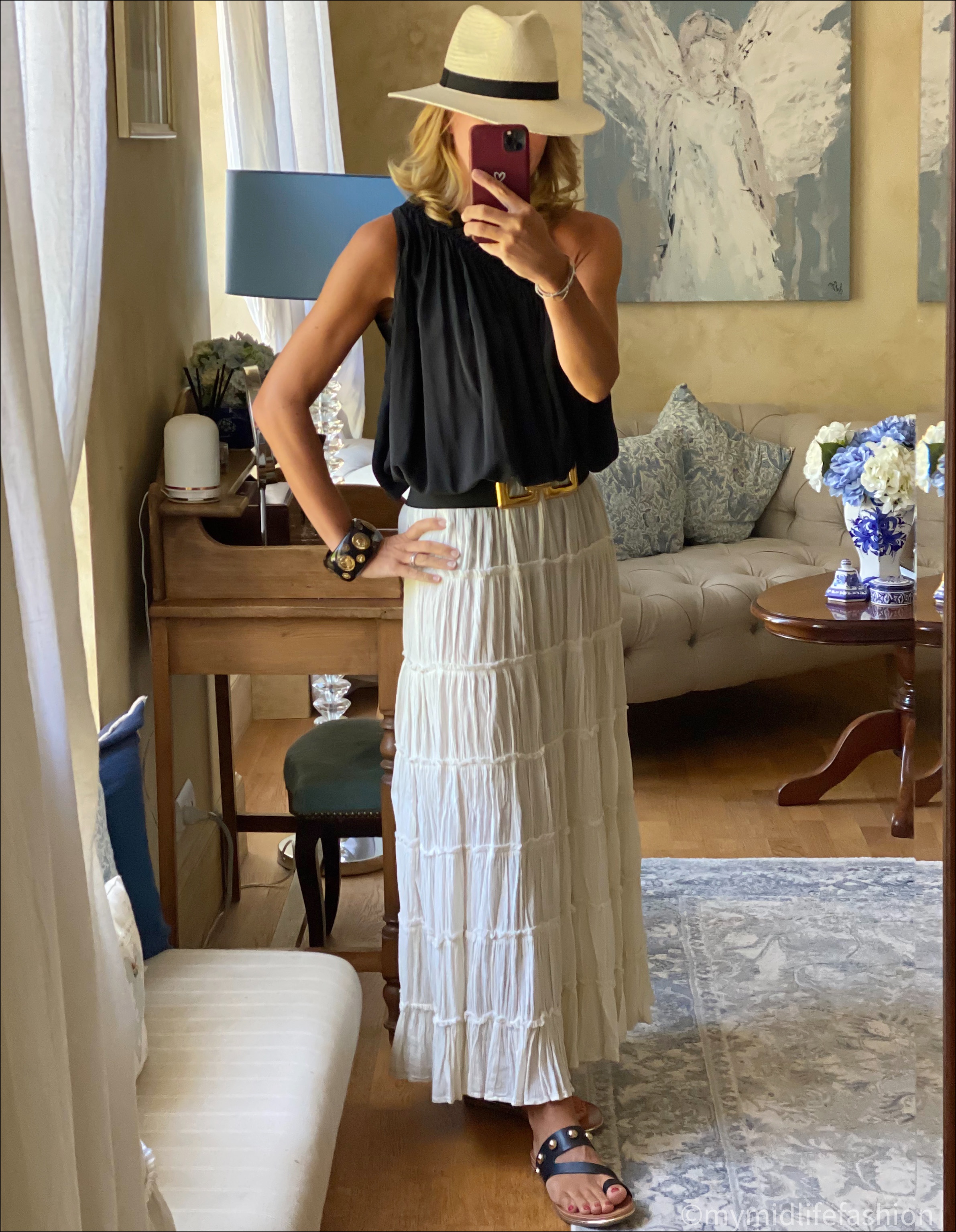 my midlife fashion, Zara Panama hat, Isabel marant etoile silk one shoulder top, Zara elasticated belt, Ralph Lauren maxi skirt, carvela studded flat sandals