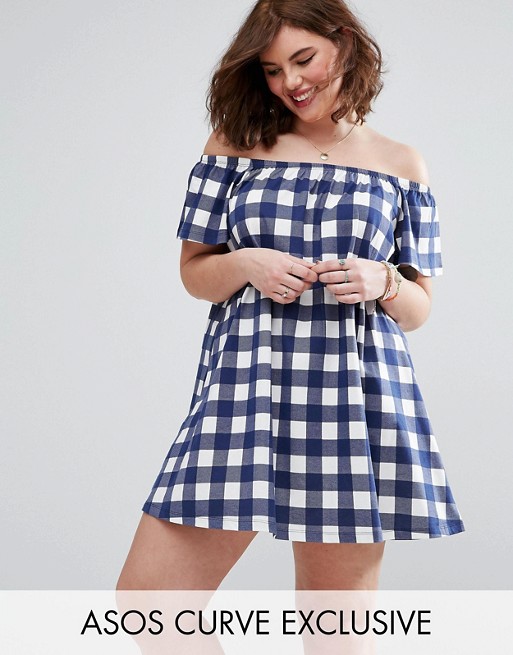 Off Shoulder Mini Dress In Gingham Check Print