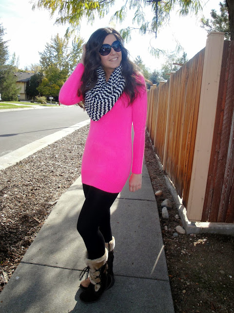 skiing attire, pink sweater, chevron infinity scarf, scarves, infinity scarf, chevron scarf, black leggings, forever 21, dsw, bare traps, baretraps, boots, fur boots, 