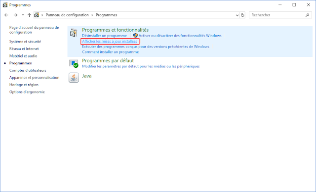 Lien Afficher les mises à jour installées dans Panneau de configuration.
