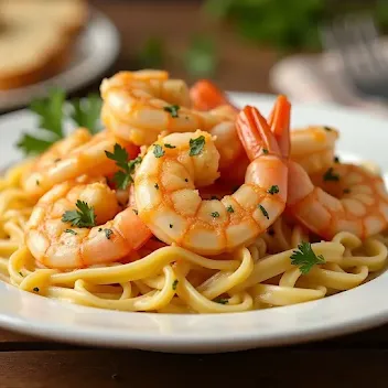 Tender shrimp in a creamy garlic sauce, garnished with fresh parsley and served with pasta or bread."