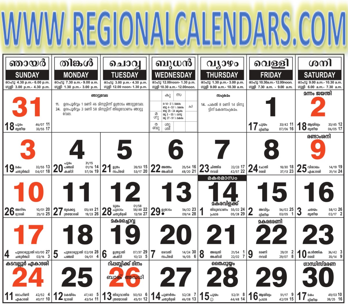 Malayalam Calendar 2021 January