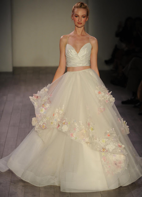 Hayley-Paige-two-piece-wedding-dress-with-floral-appliqués-spaghetti-strap-v-neck-ball-gown