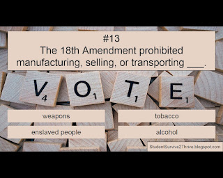 The 18th Amendment prohibited manufacturing, selling, or transporting ___. Answer choices include: weapons, tobacco, enslaved people, alcohol