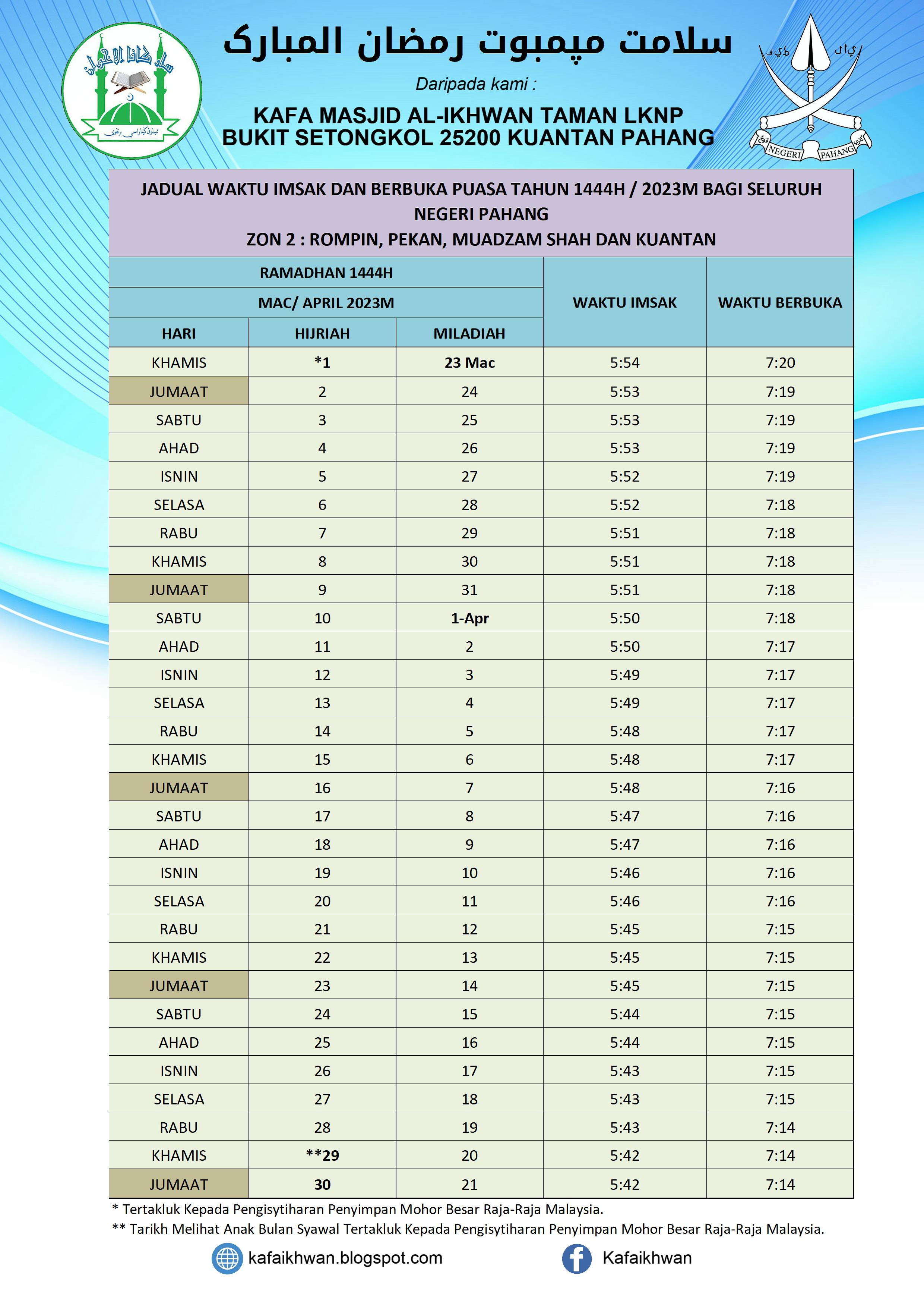 Jadual Waktu Berbuka Puasa dan Imsak Negeri Pahang Tahun 2023 / 1444H