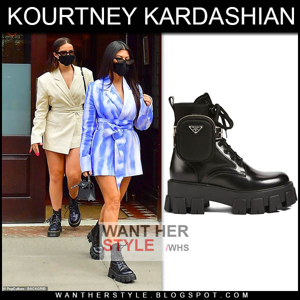 Kourtney Kardashian in blue belted blazer dress and black combat boots