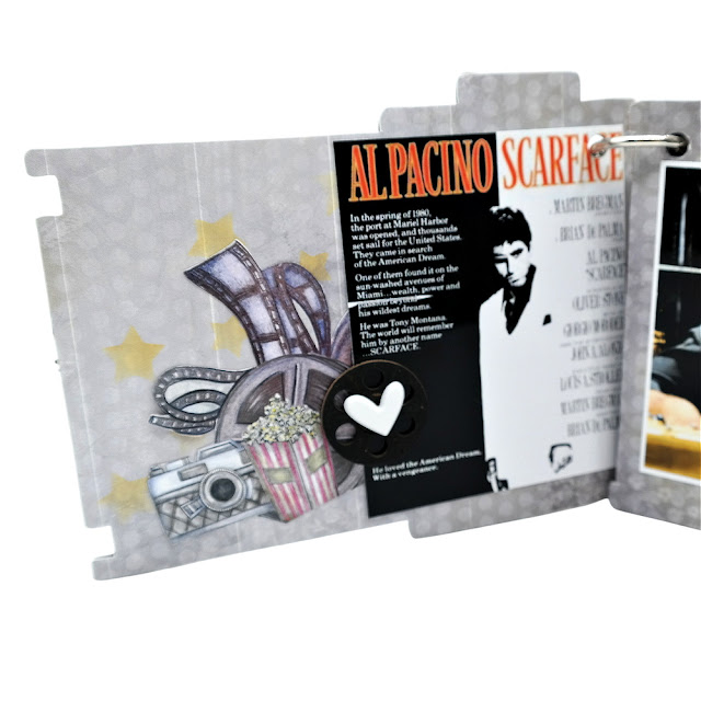 Al Pacino in Scarface mini album page with vintage cinema die-cuts, chipboard film reel, white enamel heart, and yellow stenciled stars.