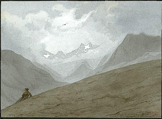 EUGÈNE VIOLLET-LE-DUC (1814-1879)  Mont Valier (2,838m - 9,311ft)   France (Pyrénées)  In Vue du fond de la vallée d'Azun prise de la montagne de Pourges, Hautes-Pyrénées , watercolor, 1833