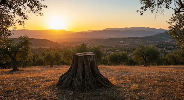 The sun is setting beyond the tree stump.