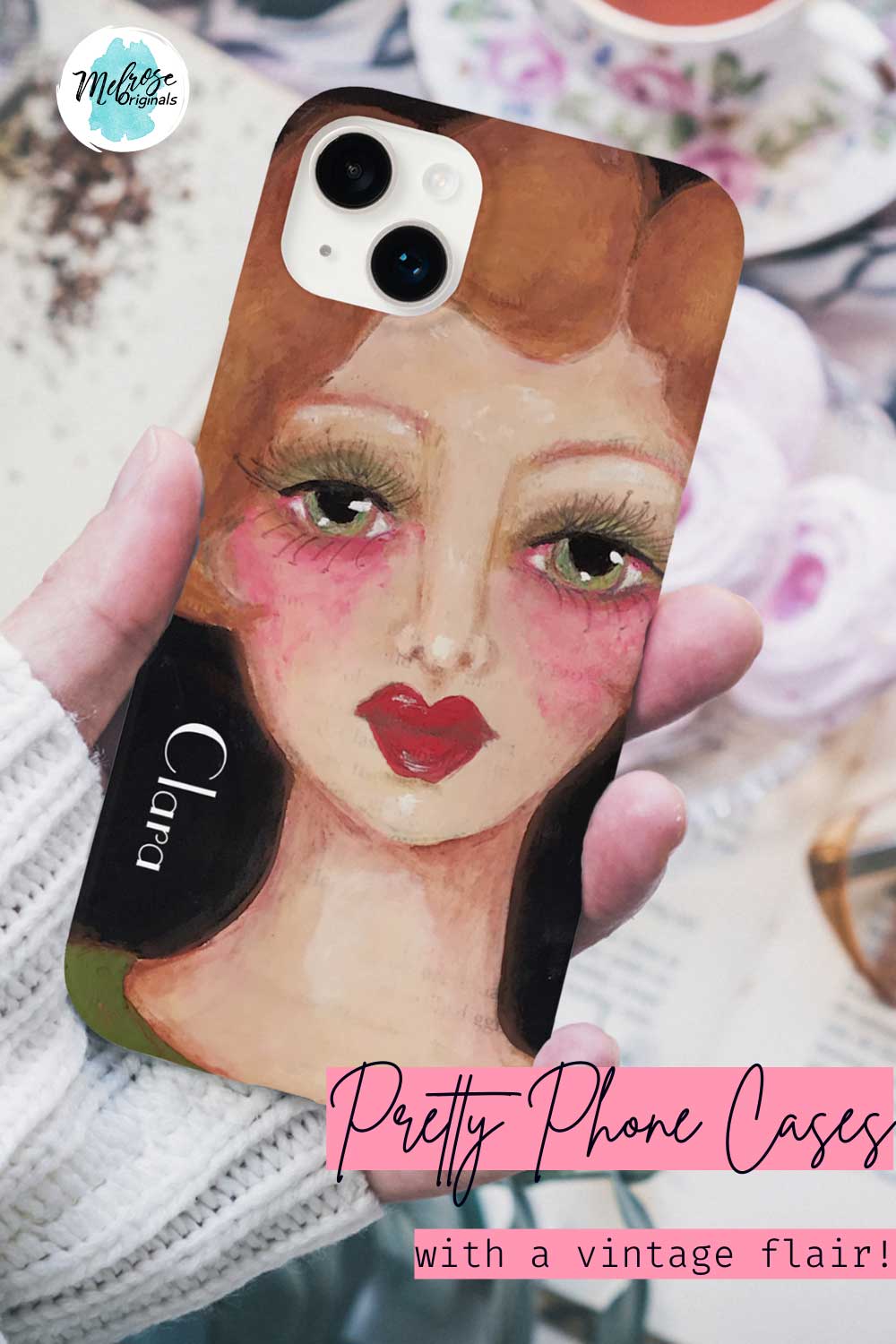 personalized phone case with vintage 1940's inspired whimsical woman art