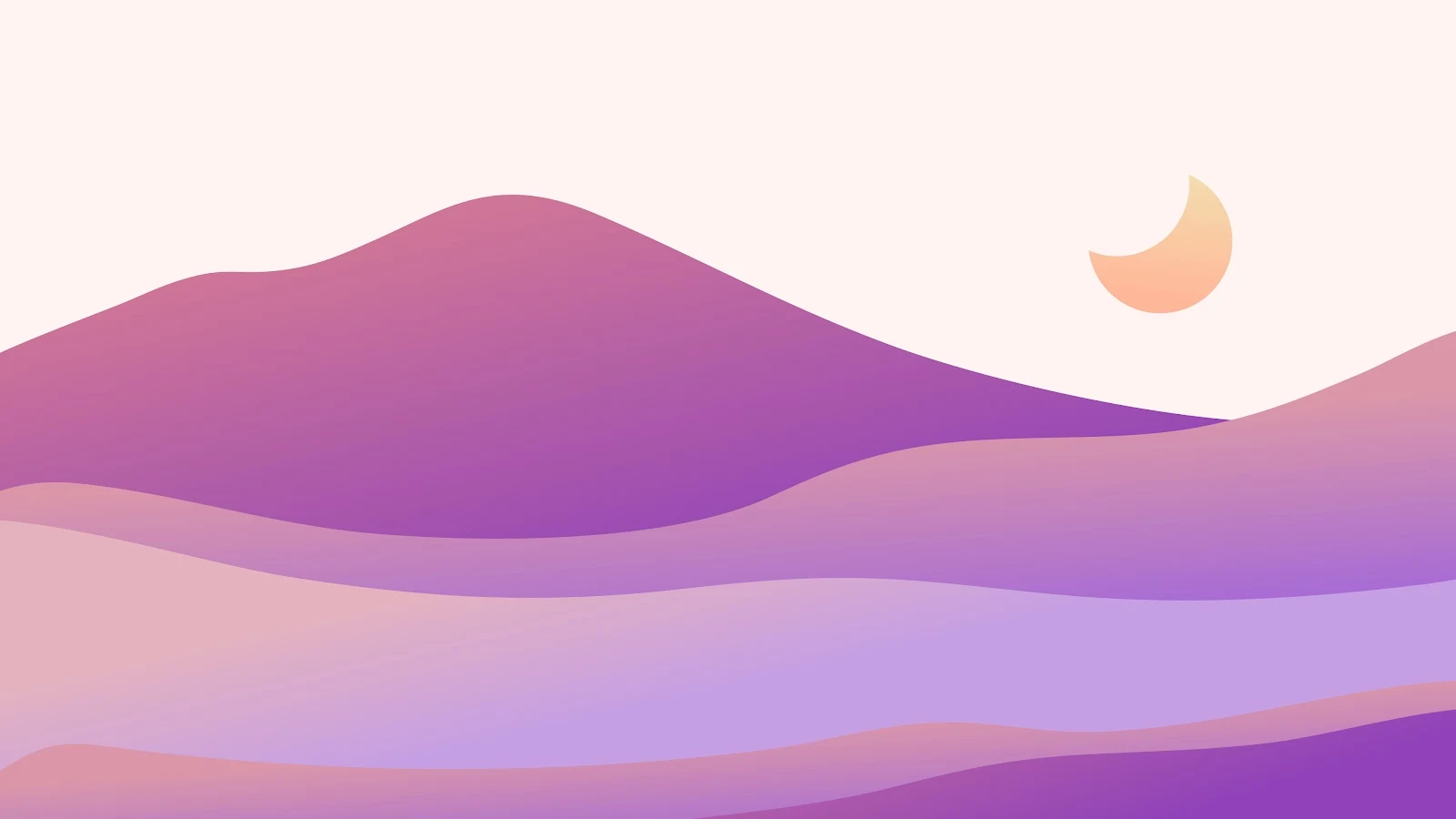 Abstract minimalist hills under a crescent moon in a pastel purple sky.