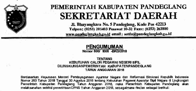  Pengumuman CPNS Kabupaten Pandeglang Provinsi Banten Tahun  PENGUMUMAN FORMASI, PERSYARATAN DAN TATA CARA PENDAFTARAN CPNS KABUPATEN PANDEGLANG TAHUN 2018