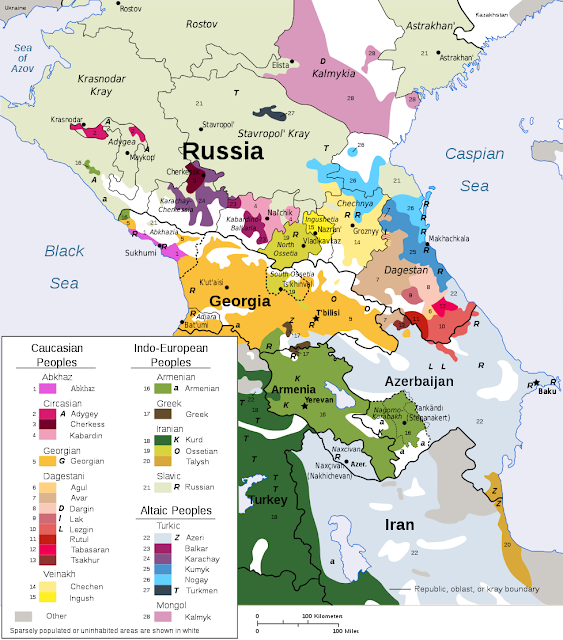 This map shows the diffusion of language groups across Turkey, Georgia, Russia, and neighboring states. The three main language groups (Caucasian, Indo-European, and Altaic) are broken down into sub-categories and the sub-categories are color-coded. Georgia is mostly a yellowish-orange (Caucasian subtype Georgian), but it shows pale khaki (Indo-European subtype Ossetian) in the South Ossetia region in the north, and several smaller areas of darker khaki (Indo-European subtype Armenian), brown (Indo-European subtype Greek) and pale blue (Altaic subtype Azeri Turkic) in the southeast.